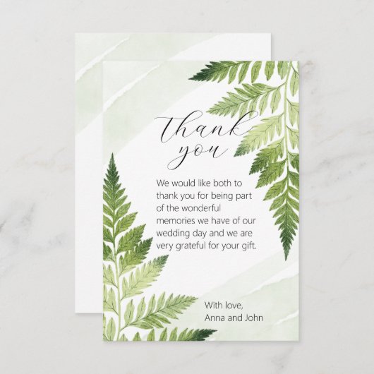 Minimalistische Green Fern bruiloft dank u kaart (Voorkant / Achterkant)