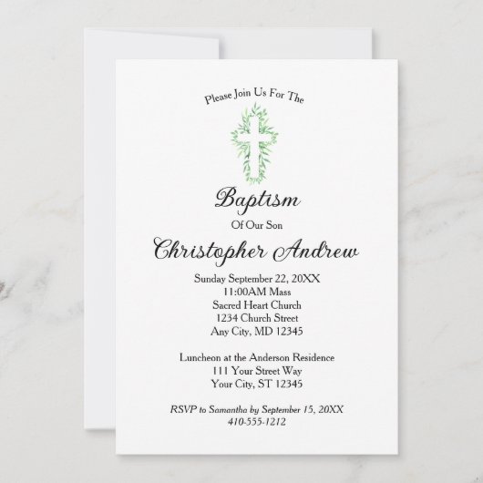 Minimalistische Greenery Cross Baptism Christening Kaart (Voorkant)