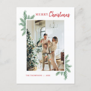 Minimalistische Greenery Pine Foto Red Merry Kerst Briefkaart