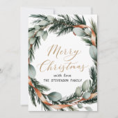 Minimalistische Greenery Wreath Gold Script Feestdagenkaart (Voorkant)