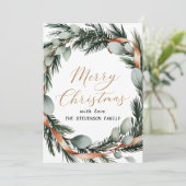 Minimalistische Greenery Wreath Gold Script Feestdagenkaart (Staand voorkant)