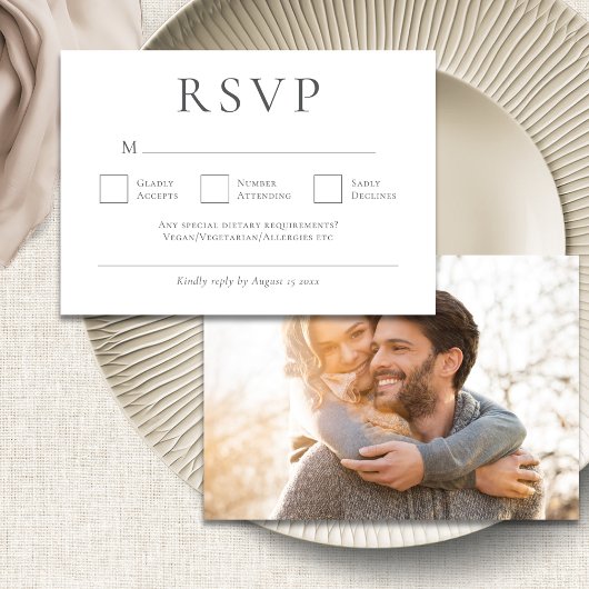 Minimalistische Grey Schrijven Fotobruiloft RSVP Kaartje