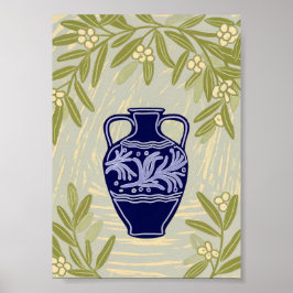 Minimalistische Griekse Amphora en Olijftak Poster