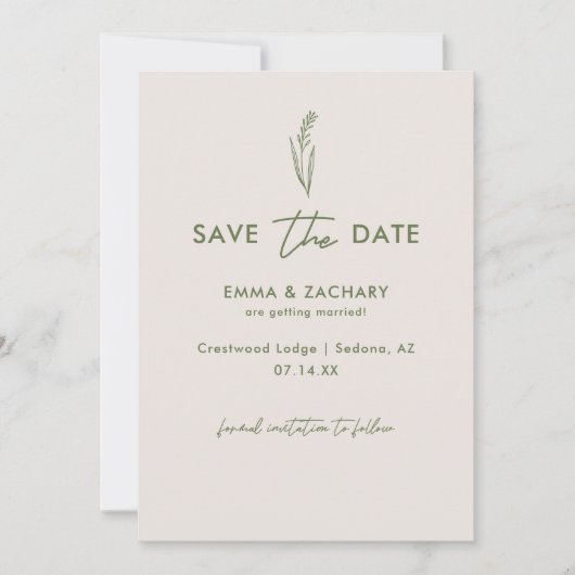 Minimalistische Grijs & Olijfgroen Bloemen Huwelij Save The Date (Voorkant)