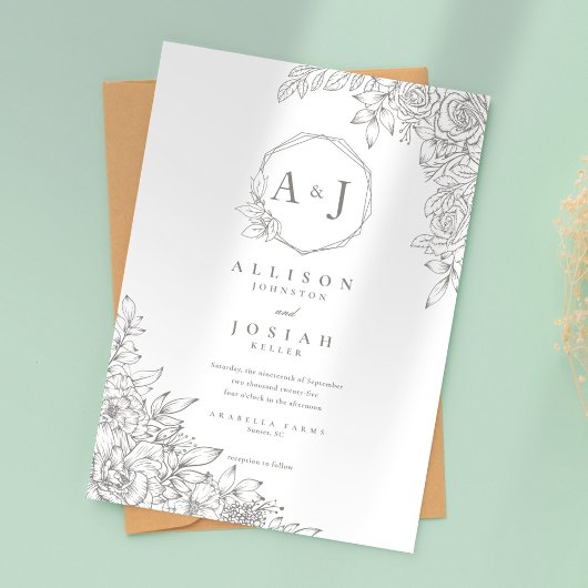 Minimalistische Grijze Bloemen Huwelijk Kaart