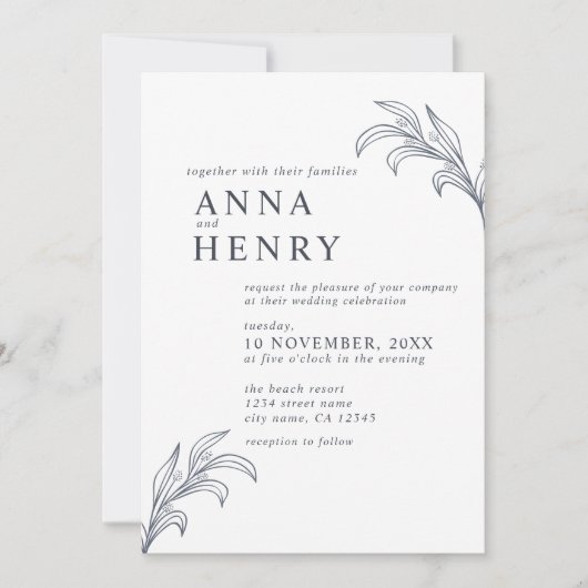 Minimalistische Grijze Botanische Leaf bruiloft Kaart (Voorkant)