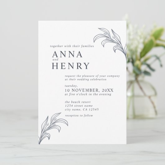 Minimalistische Grijze Botanische Leaf bruiloft Kaart (Staand voorkant)