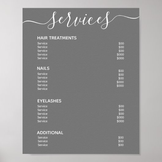 Minimalistische Grijze Salon Prijslijst Service Me Poster (Voorkant)