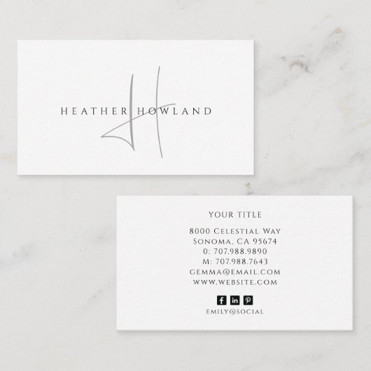 Minimalistische grijze script monogramnaam visitekaartje (Voorkant / Achterkant)