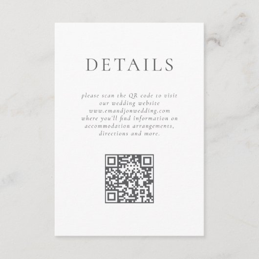Minimalistische Grijze Tekst QR Code Trouwdetails Informatiekaartje (Voorkant)