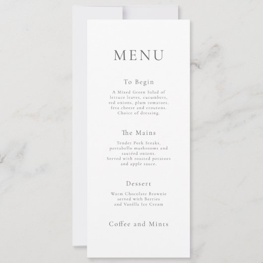 Minimalistische grijze tekst trouwmenu kaart om af (Voorkant)