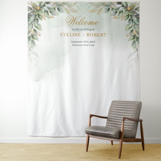 Minimalistische groen en goud bruiloft achtergrond wandkleed (In situ)