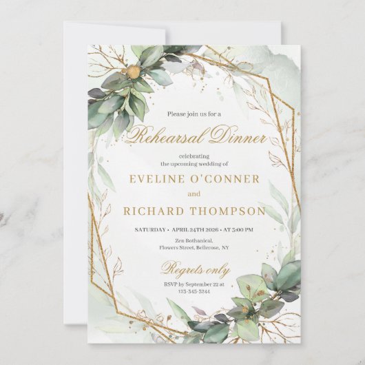 Minimalistische groen en goud bruiloft repetitie kaart (Voorkant)