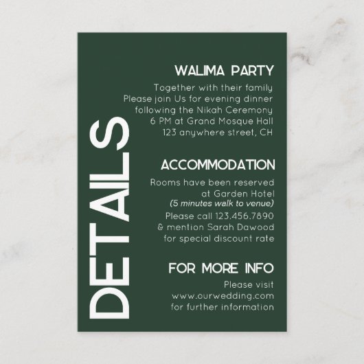 Minimalistische Groen Wit Typografie Bruiloft Deta Informatiekaartje (Voorkant)