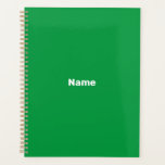 Minimalistische groene aangepaste naam tekst monog planner<br><div class="desc">Minimalistische groene aangepaste naam,  tekst,  monogram,  initialen of jaar gepersonaliseerde Planner. Aangepaste witte tekst op groene effen kleur achtergrond.</div>