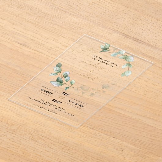 Minimalistische groene blad moderne eucalyptus bru acryl uitnodigingen (Laagn)