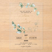 Minimalistische groene blad moderne eucalyptus bru acryl uitnodigingen (Voorkant)