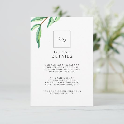 Minimalistische groene bladeren bruiloft gast deta informatiekaartje (Staand voorkant)