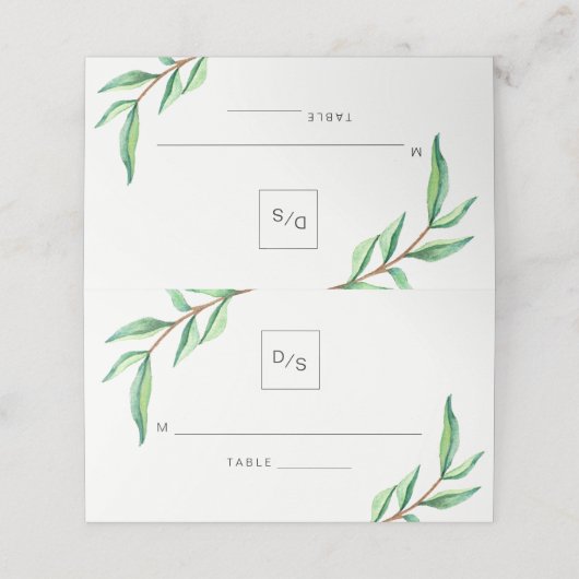 Minimalistische groene bladeren bruiloft plaatskaartje (Buitenkant ongevouwen)
