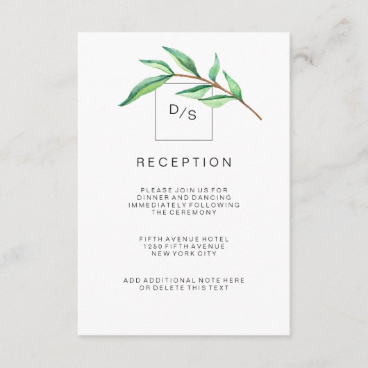 Minimalistische groene bladeren bruiloft receptie informatiekaartje (Voorkant)