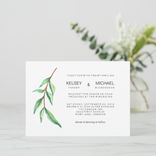 Minimalistische groene bladeren moderne bruiloft u kaart (Staand voorkant)