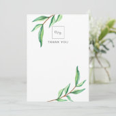 Minimalistische groene bladeren op witte bruiloft bedankkaart (Staand voorkant)