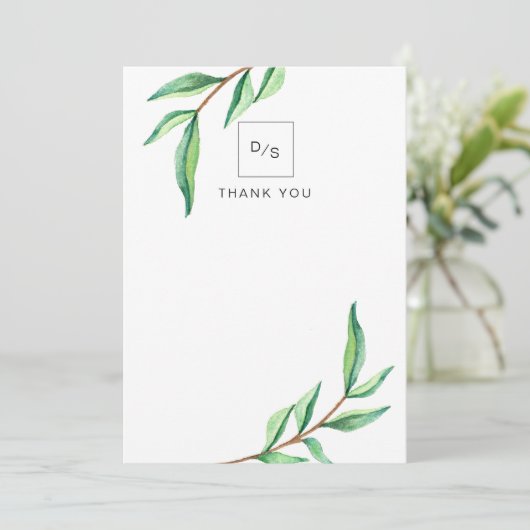 Minimalistische groene bladeren op witte bruiloft bedankkaart (Staand voorkant)
