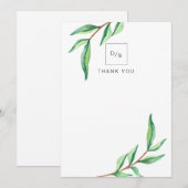 Minimalistische groene bladeren op witte bruiloft bedankkaart (Voorkant / Achterkant)