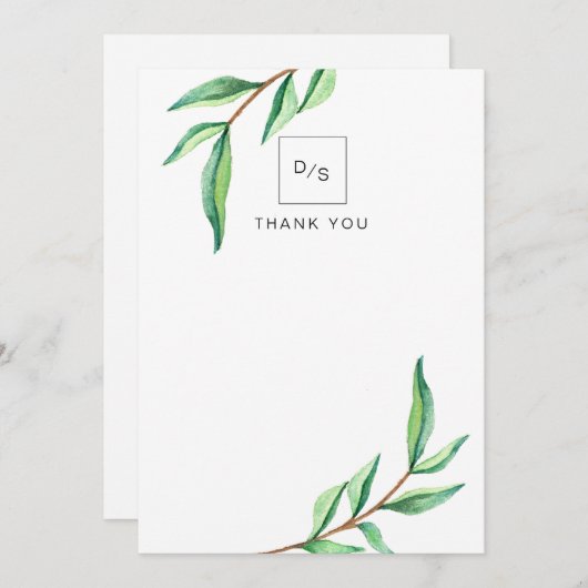 Minimalistische groene bladeren op witte bruiloft bedankkaart (Voorkant / Achterkant)