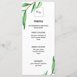 Minimalistische groene bladeren op witte bruiloft  menu