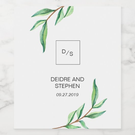 Minimalistische groene bladeren op witte bruiloft wijn etiket (Enkel label)