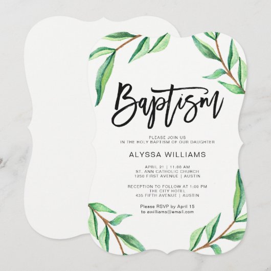 Minimalistische groene bladeren op witte doop kaart (Voorkant / Achterkant)