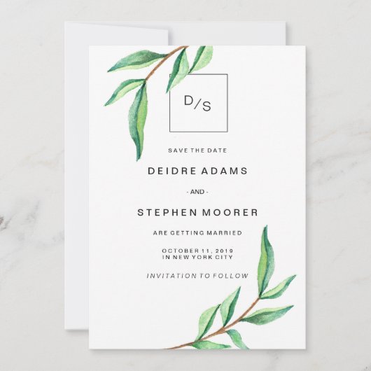 Minimalistische groene bladeren op witte Save the Date (Voorkant)
