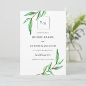 Minimalistische groene bladeren op witte Save the Date (Staand voorkant)