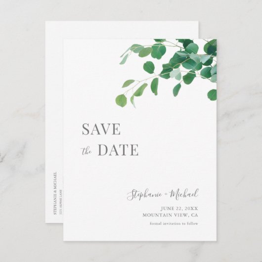 Minimalistische groene bladeren Save the Date Cust Uitnodiging Briefkaart (Voorkant / Achterkant)