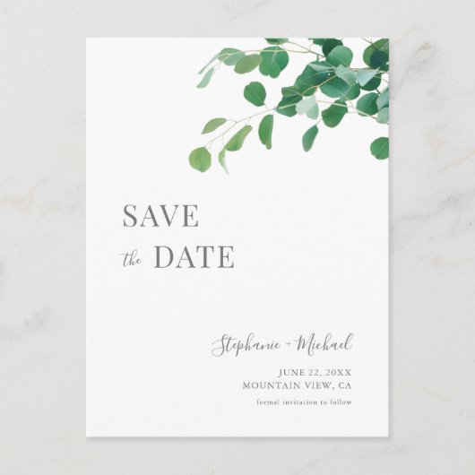 Minimalistische groene bladeren Save the Date Cust Uitnodiging Briefkaart (Voorkant)
