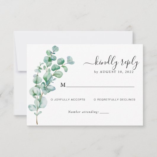 Minimalistische groene bloemige eucalyptus bruilof RSVP kaartje (Voorkant)