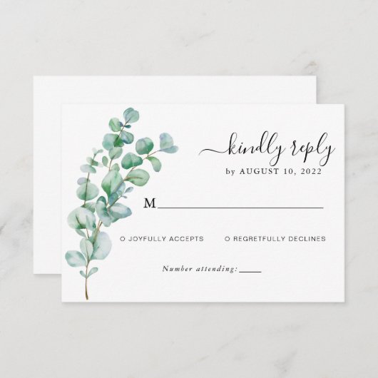Minimalistische groene bloemige eucalyptus bruilof RSVP kaartje (Voorkant / Achterkant)