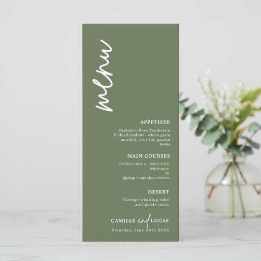 Minimalistische groene bos bruiloftsmenu menu (Staand voorkant)