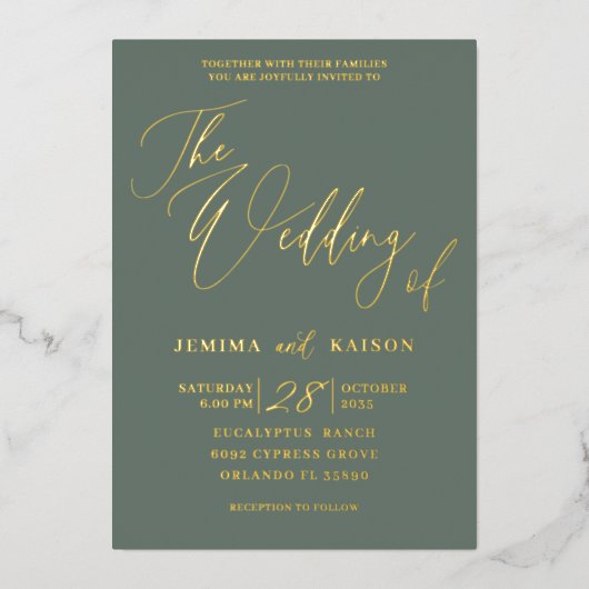 Minimalistische groene calligrafie letter folie uitnodiging (Voorkant)