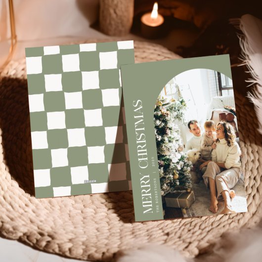 Minimalistische groene en ivoren kerstfoto feestdagenkaart