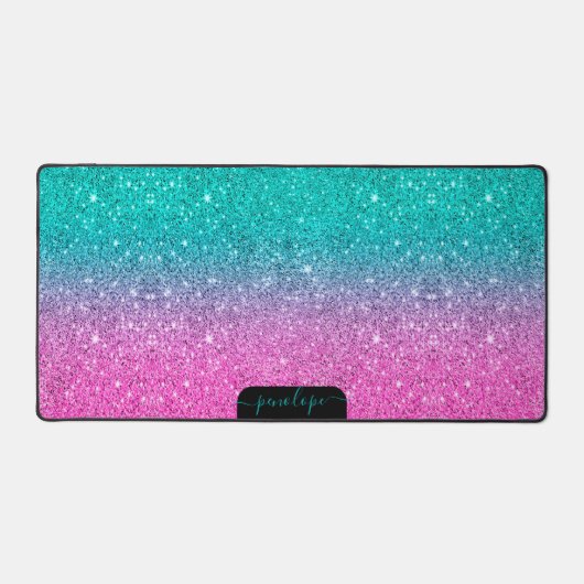 Minimalistische groene en roze glittergradiënt bureaumat (Voorkant)