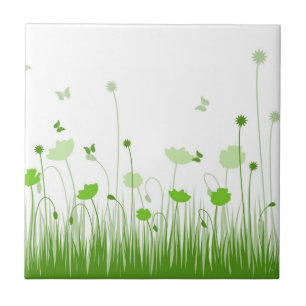 Minimalistische groene en witte klaprozen Meadow F Tegeltje
