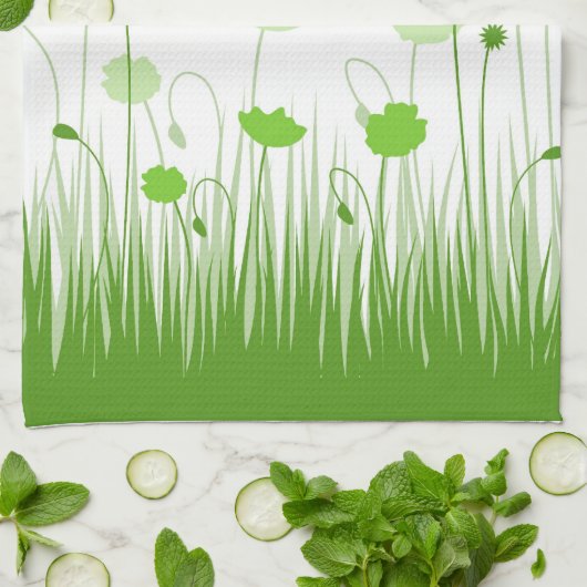 Minimalistische groene en witte klaprozen weide bl theedoek (Gevouwen)