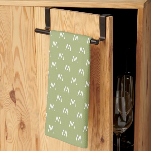 Minimalistische groene en witte monogram theedoek (Derde Gevouwen)
