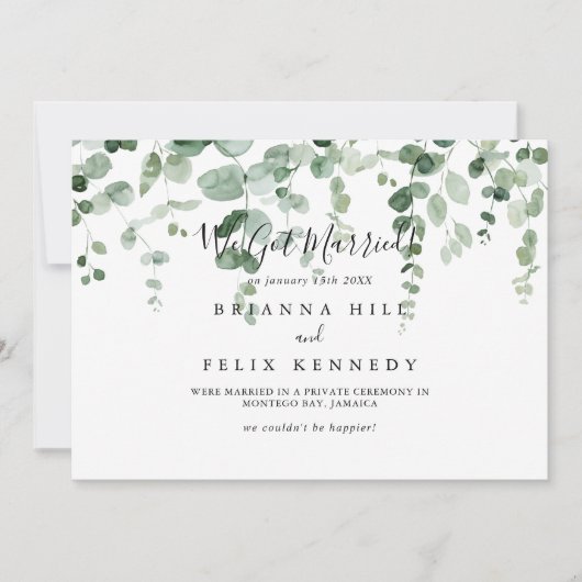 Minimalistische groene Eucalyptus Elopement Aankon Aankondiging (Voorkant)