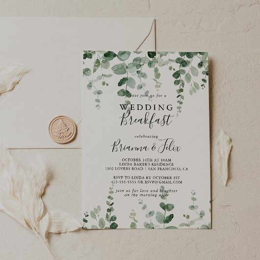 Minimalistische groene eucalyptus huwelijksontbijt kaart