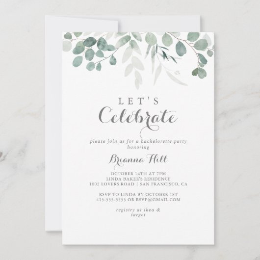 Minimalistische groene eucalyptus laten we feest v kaart (Voorkant)