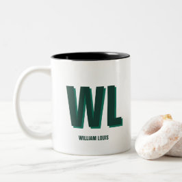 Minimalistische groene gepersonaliseerde monogram  tweekleurige koffiemok