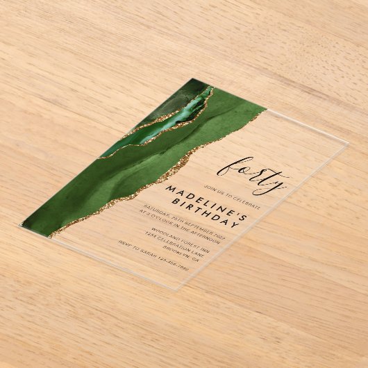 Minimalistische Groene Goud Agate Geode 40e verjaa Acryl Uitnodigingen (Laagn)